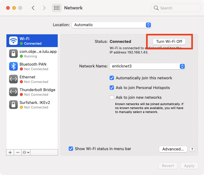 To disable Wi-Fi click on the Turn Wi-Fi Off button To disable Wi-Fi click on the Turn Wi-Fi Off button