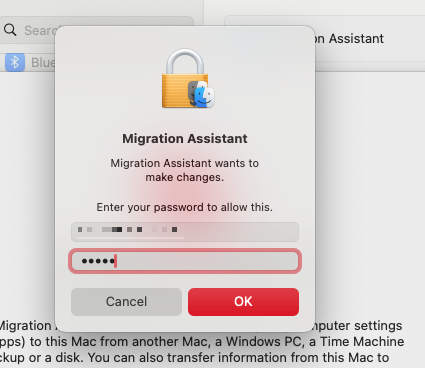 Open the Migration Assistant from Applications > Utilities. Enter your username and password when prompted to continue.