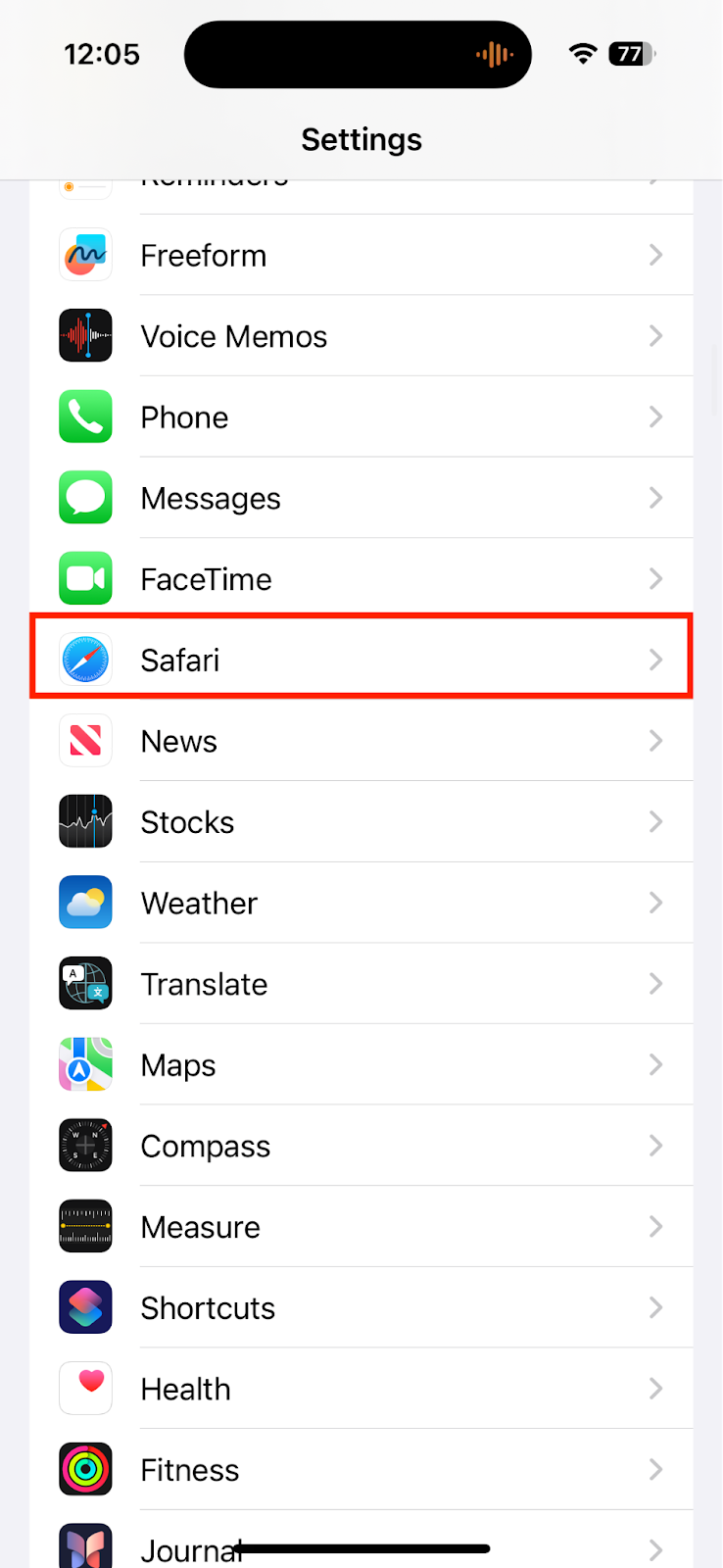 The Settings app on iPhone displaying a list of all submenus. Tap Safari to clear history and website data