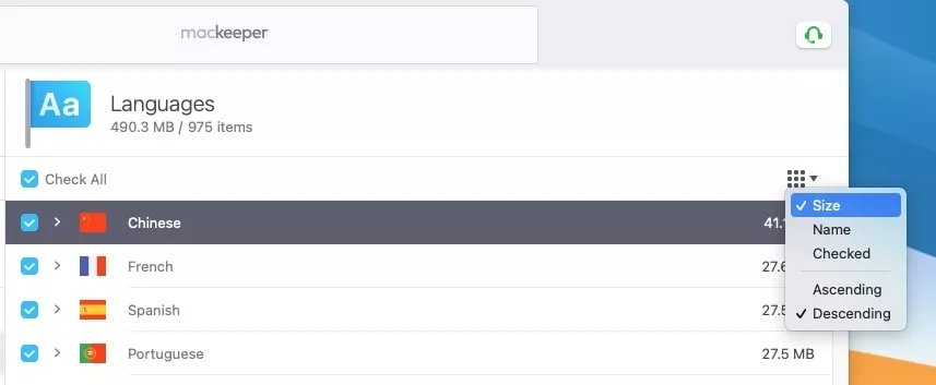 mackeeper safe cleanup sort by size