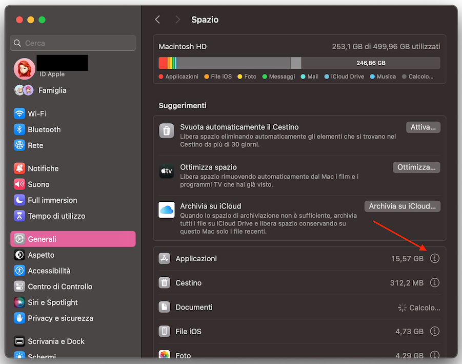 Le Impostazioni di Sistema su Mac mostrano il menu Spazio. Per disinstallare un’app, clicca sull’icona con la i accanto ad Applicazioni.