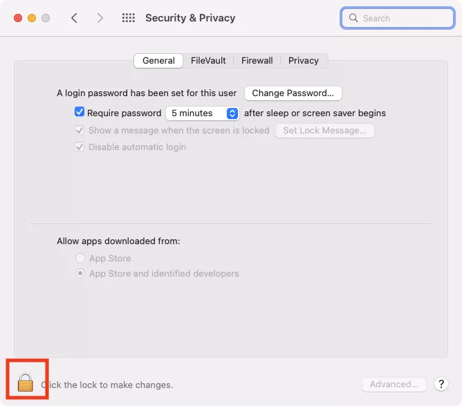 Security & Privacy > General tab