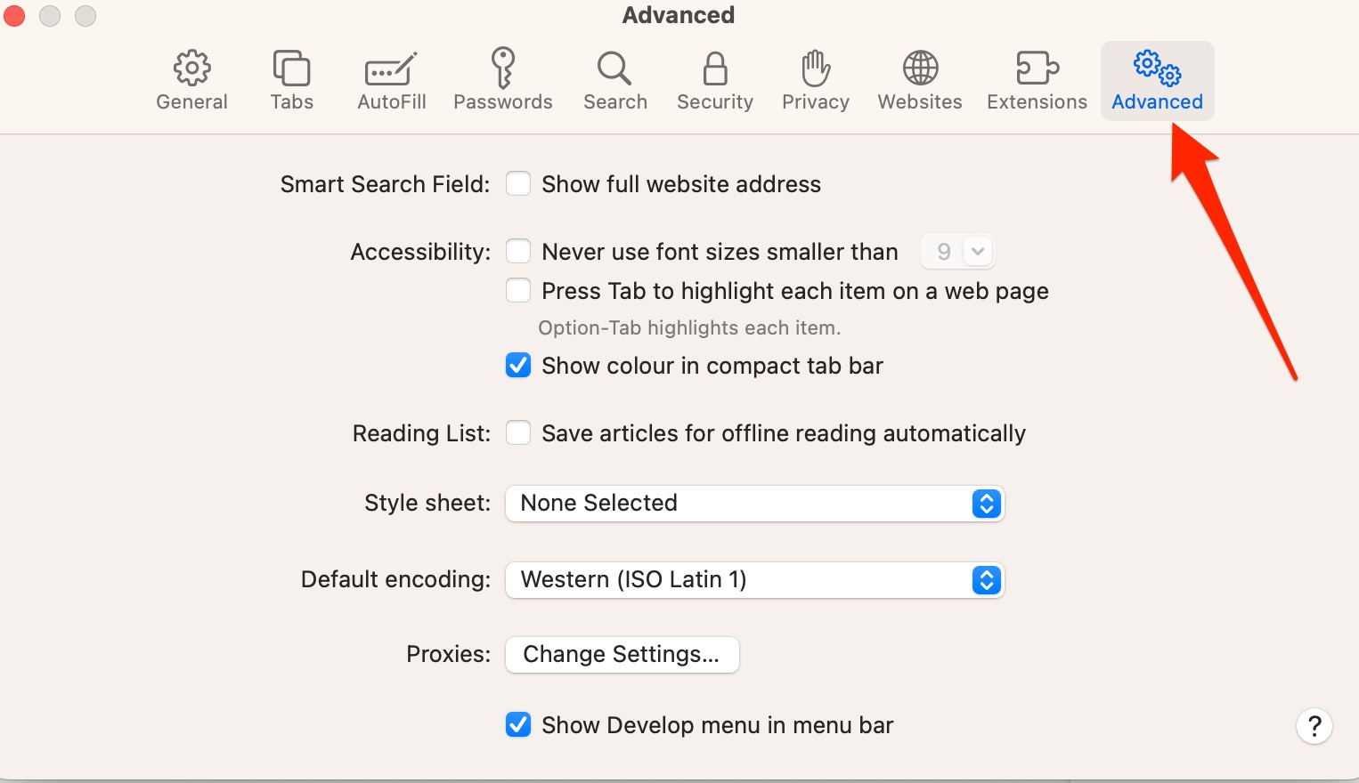 how to find the advanced tab in safari