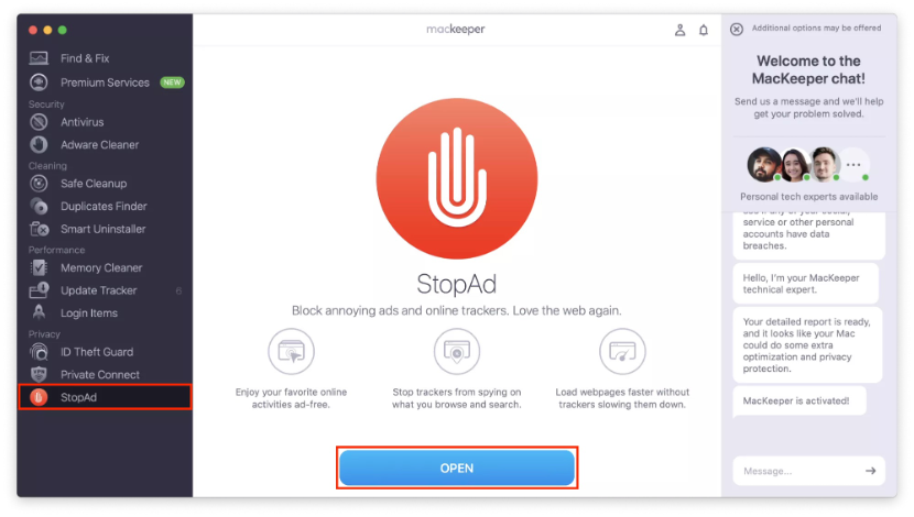 To delete fake extensions in Safari, open the StopAd tool within the MacKeeper app.
