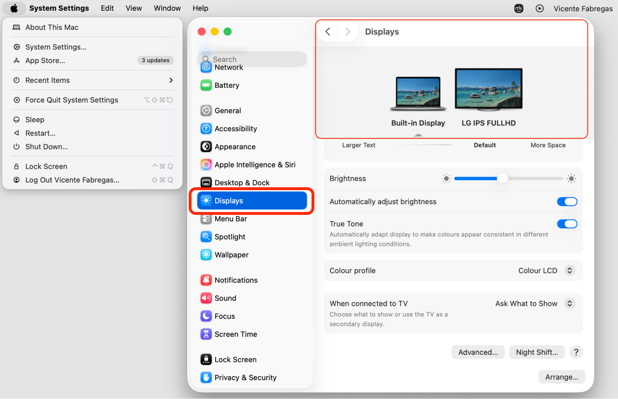 System Settings Displays pane on a Mac showing Built-in Display and an LG FullHD TV to pick the external screen for Roku HDMI mirroring.