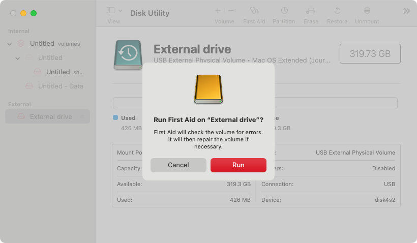 A pop-up will appear asking you to confirm that you want to run the First Aid process. To confirm, simply click the Run button. A pop-up will appear asking you to confirm that you want to run the First Aid process. To confirm, simply click the Run button.
