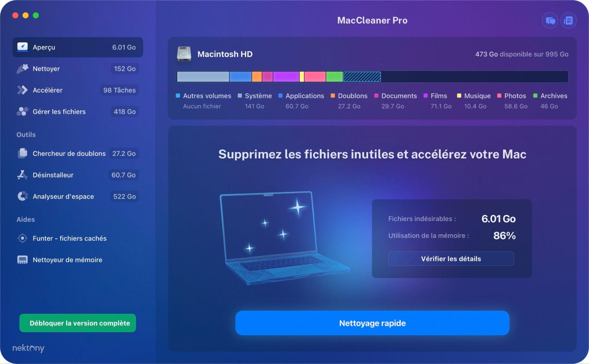 Les résultats du nettoyage générés par MacCleaner Pro après l'analyse sont accompagnés de suggestions de suppression pour l'utilisateur.