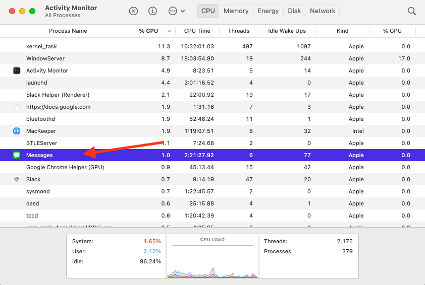 Activity Monitor on Mac shows a list of all running processes. To kill a process, first double-click the process name in the list.