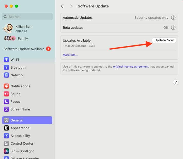 System Settings on Mac shows the Software Update menu. Click the Update Now button to install any available macOS updates.