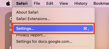 The Safari menu on Mac. Click Settings to open Safari Settings and get rid of unwanted extensions.