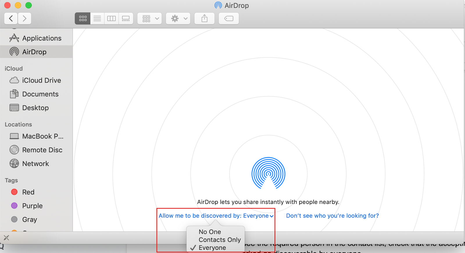 allow device to be discovered by everyone in airdrop