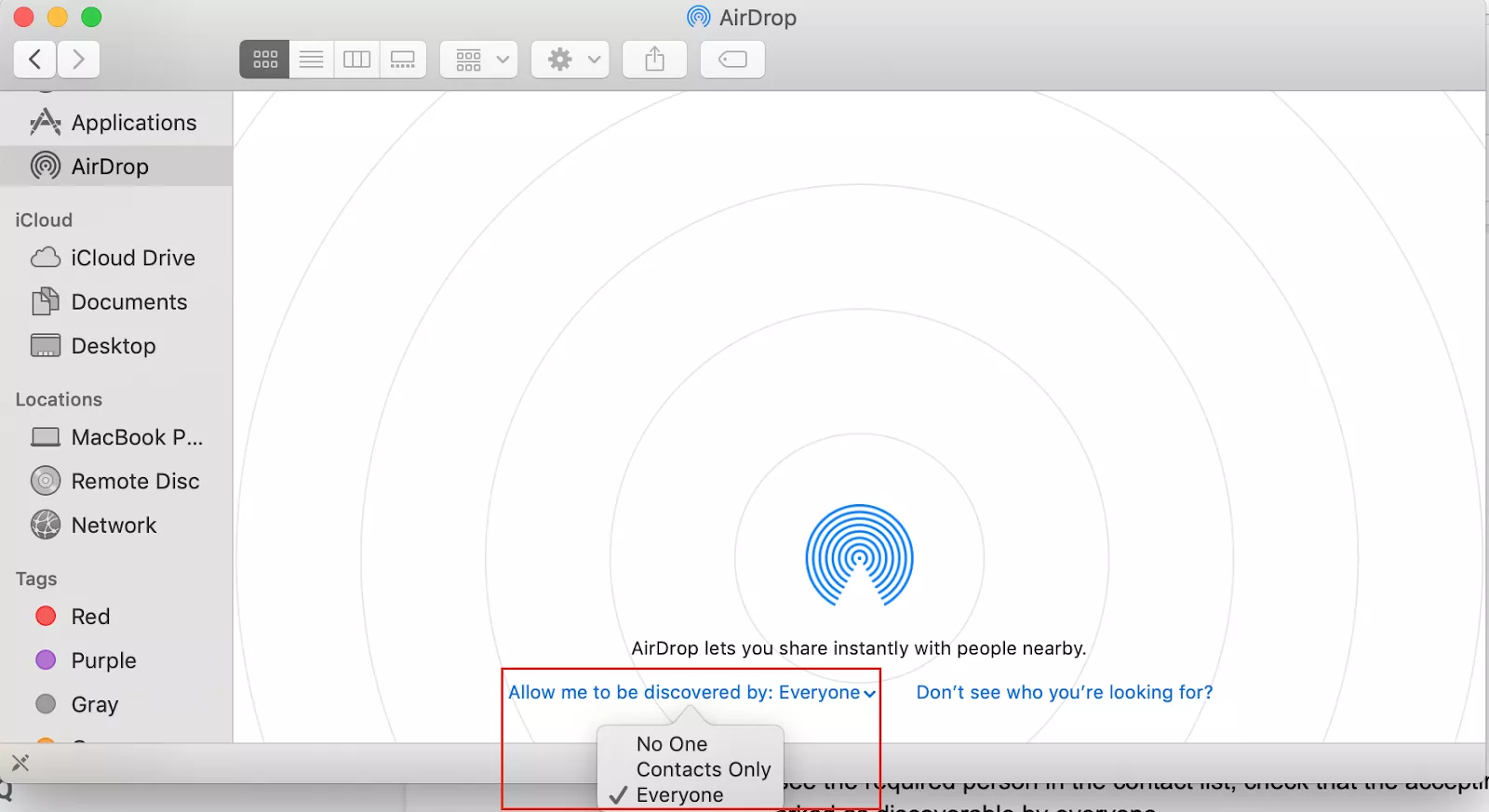allow device to be discovered by everyone in airdrop