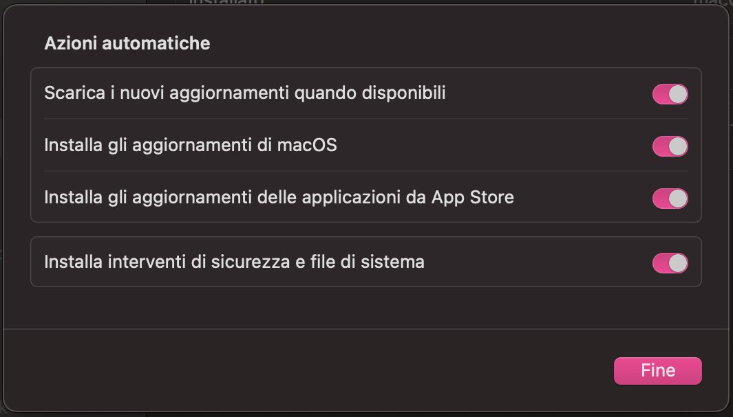 Nella finestra Aggiornamento Software aperta, è visibile l'opzione Installa interventi di sicurezza e file di sistema selezionata