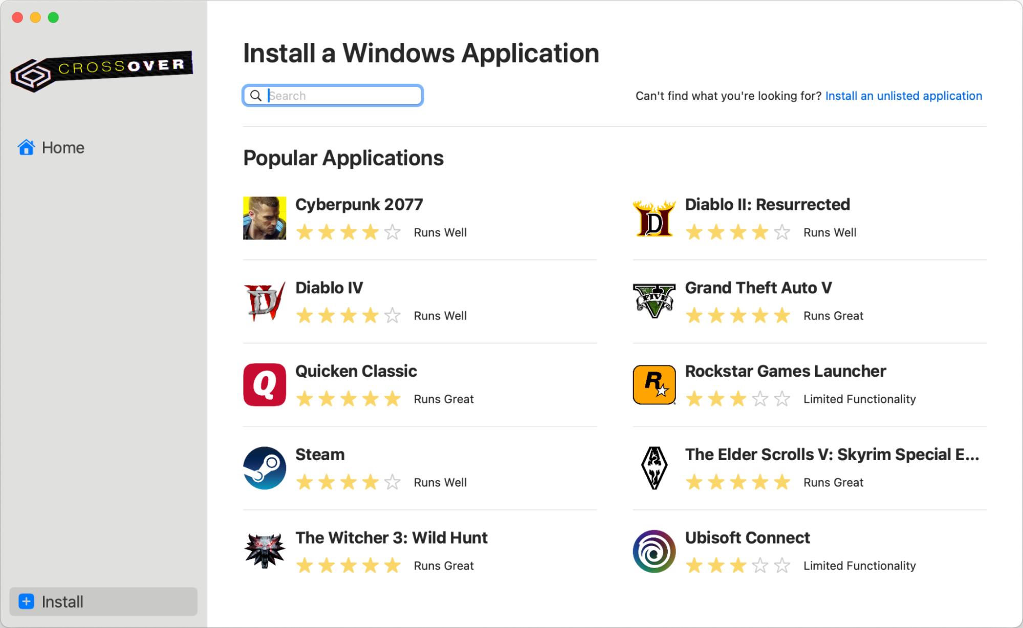 Open the CrossOver app on your MacBook, click the Install button, then search for Battle.net in the list to add it to a new compatibility bottle.