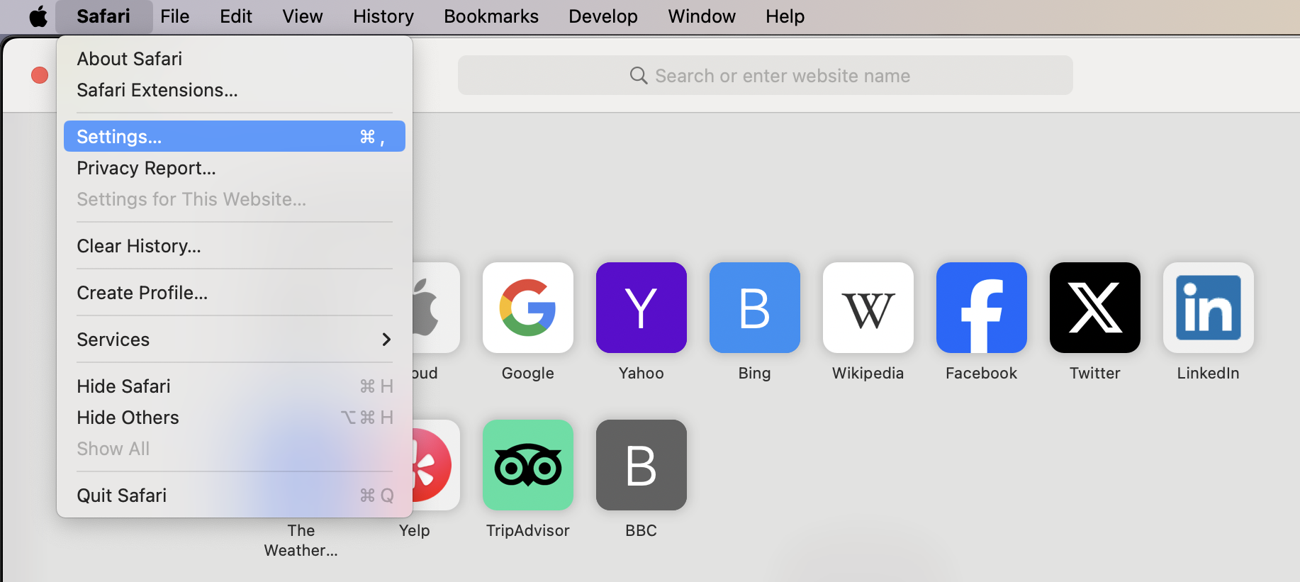 Safari on Mac, with the Safari menu open. Settings is selected. How to manually remove a browser hijacker from Mac: delete hijacker from the browser.