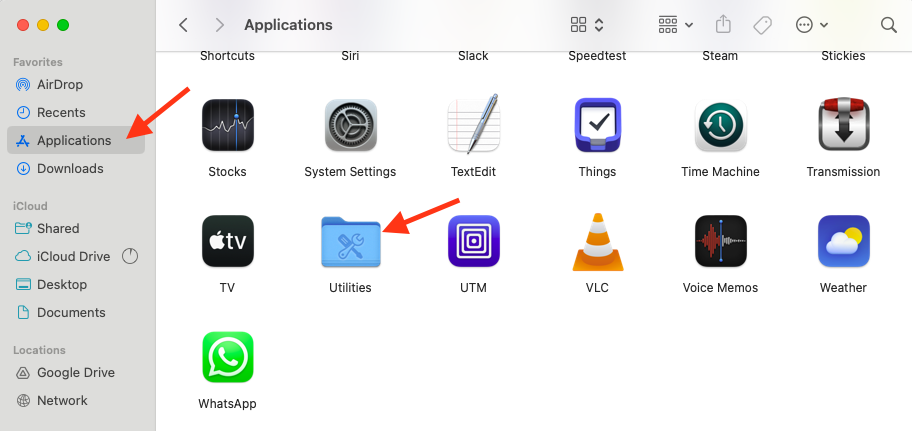 Finder on Mac shows the Applications folder with all installed apps. To find Activity Monitor, first open the Utilities folder.
