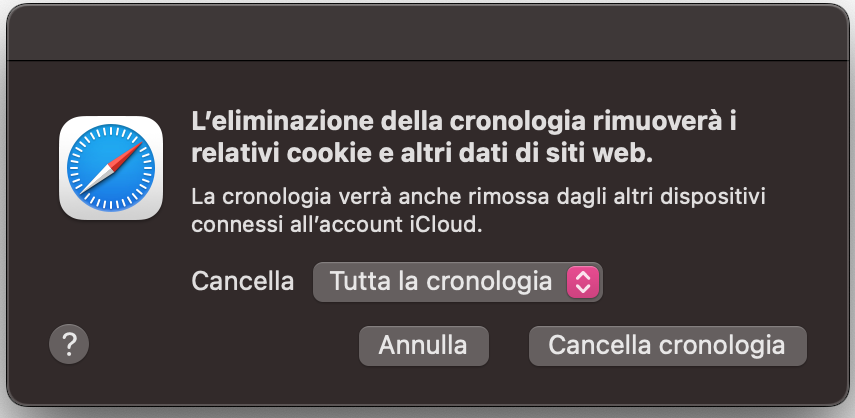 La finestra Cancella cronologia in Safari su macOS chiede all’utente di confermare l’eliminazione di tutti i dati dei siti web. Fai clic su Cancella cronologia per continuare.