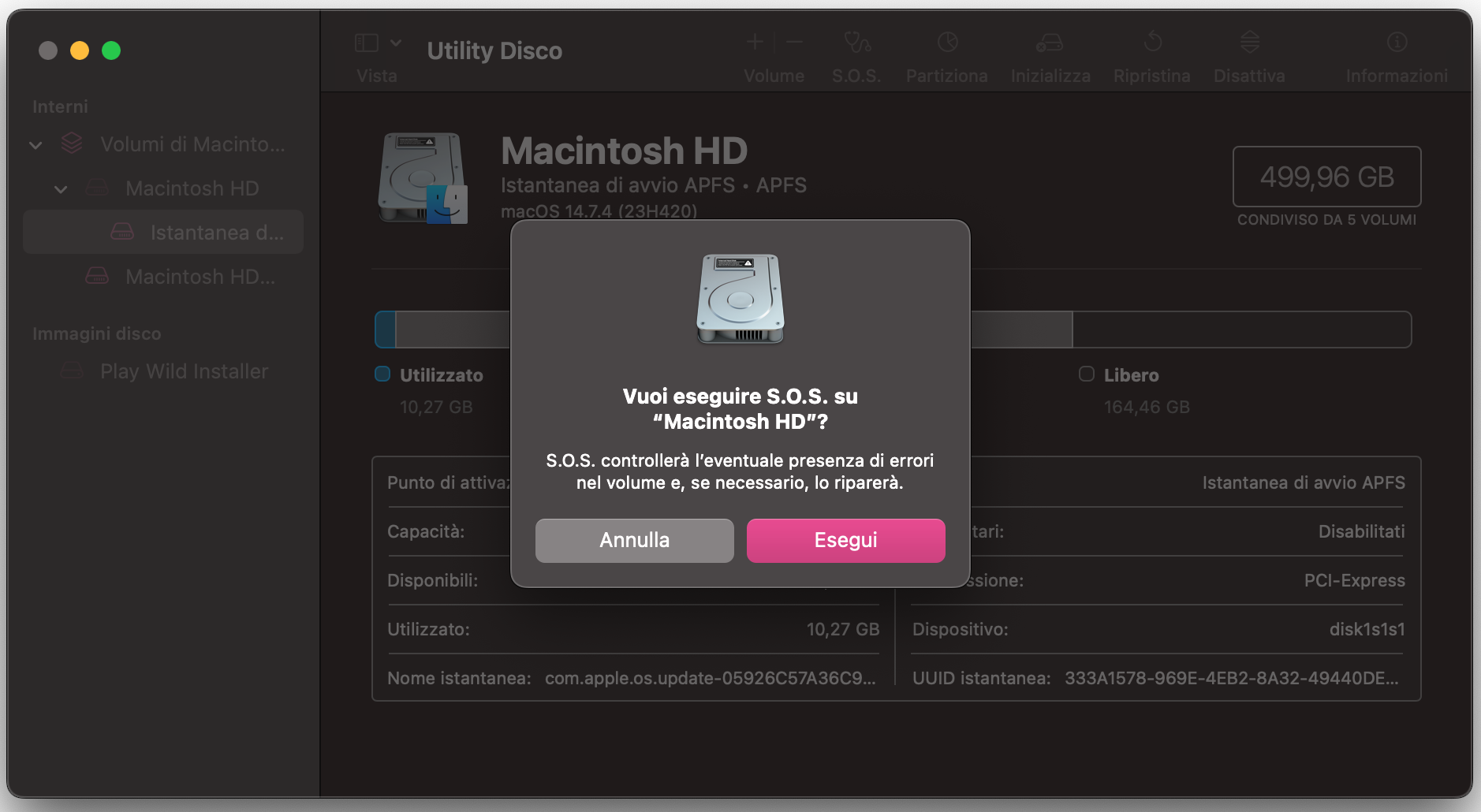 Avvia il Mac in modalità di recupero, poi apri Utility Disco. Fai clic su S.O.S. per controllare se il disco presenta problemi.