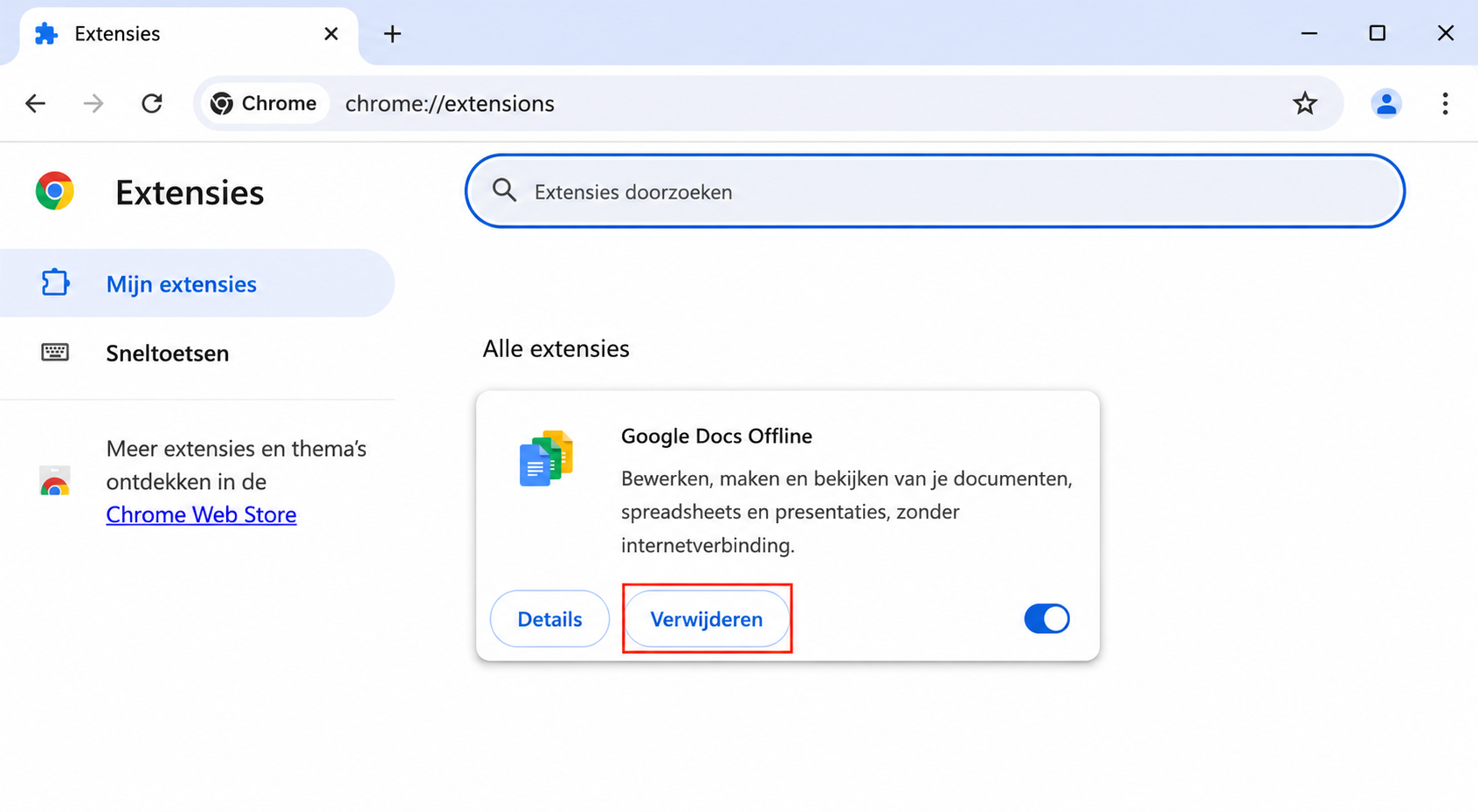 Het Extensies-scherm van Chrome, met Verwijderen gemarkeerd onder één extensie. Hoe je extensies verwijdert, als onderdeel van een handleiding over hoe je valse McAfee pop-ups kunt stoppen op Mac.