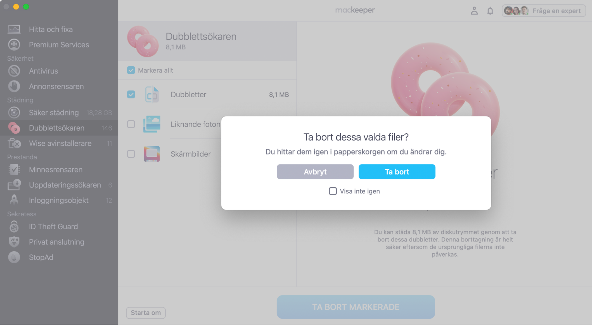 Slutligen, för att slutföra borttagningen av dubbla filer på din dator, klicka på Ta bort i popup-fönstret i MacKeeper-appen.