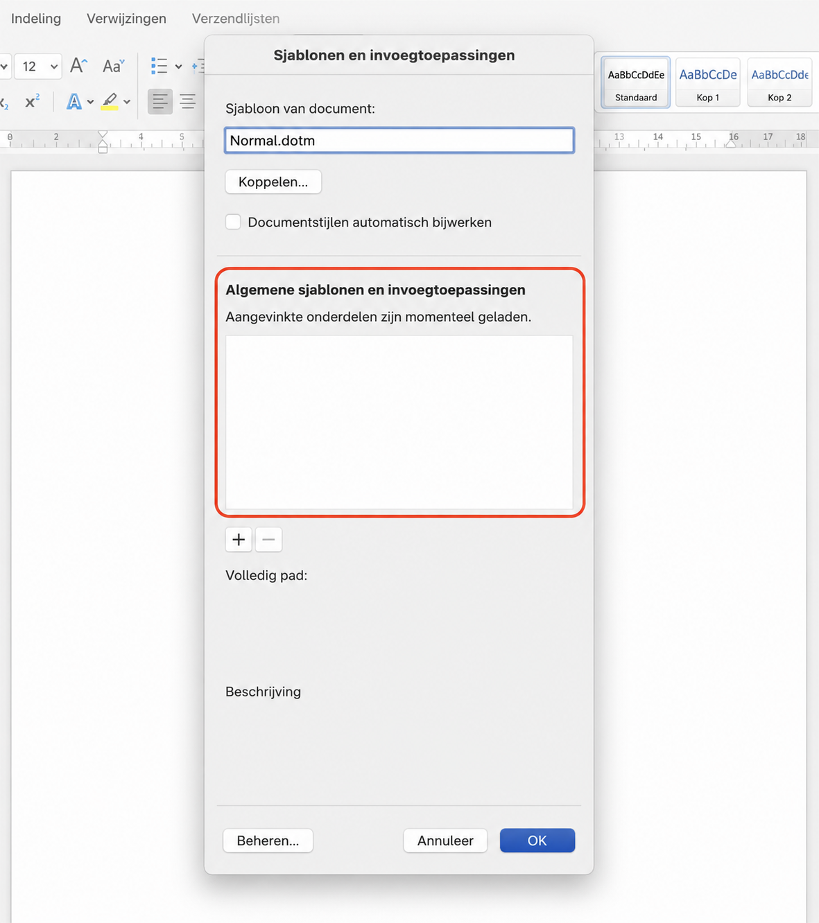 In het venster Sjablonen en invoegtoepassingen bekijkt u de lijst met geïnstalleerde invoegtoepassingen en schakelt u ze allemaal uit om tijdelijk extensies uit te schakelen die mogelijk crashes veroorzaken.