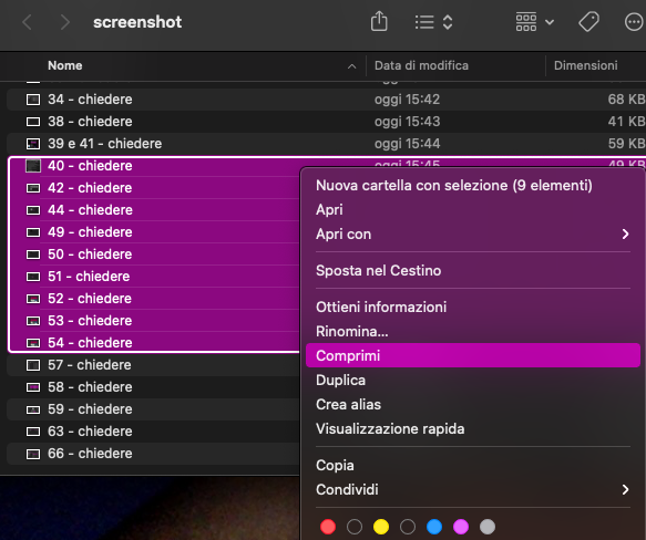 Selezionare il gruppo di file facendo clic con il tasto destro del mouse e selezionare l'opzione Comprimi dal menu visualizzato.