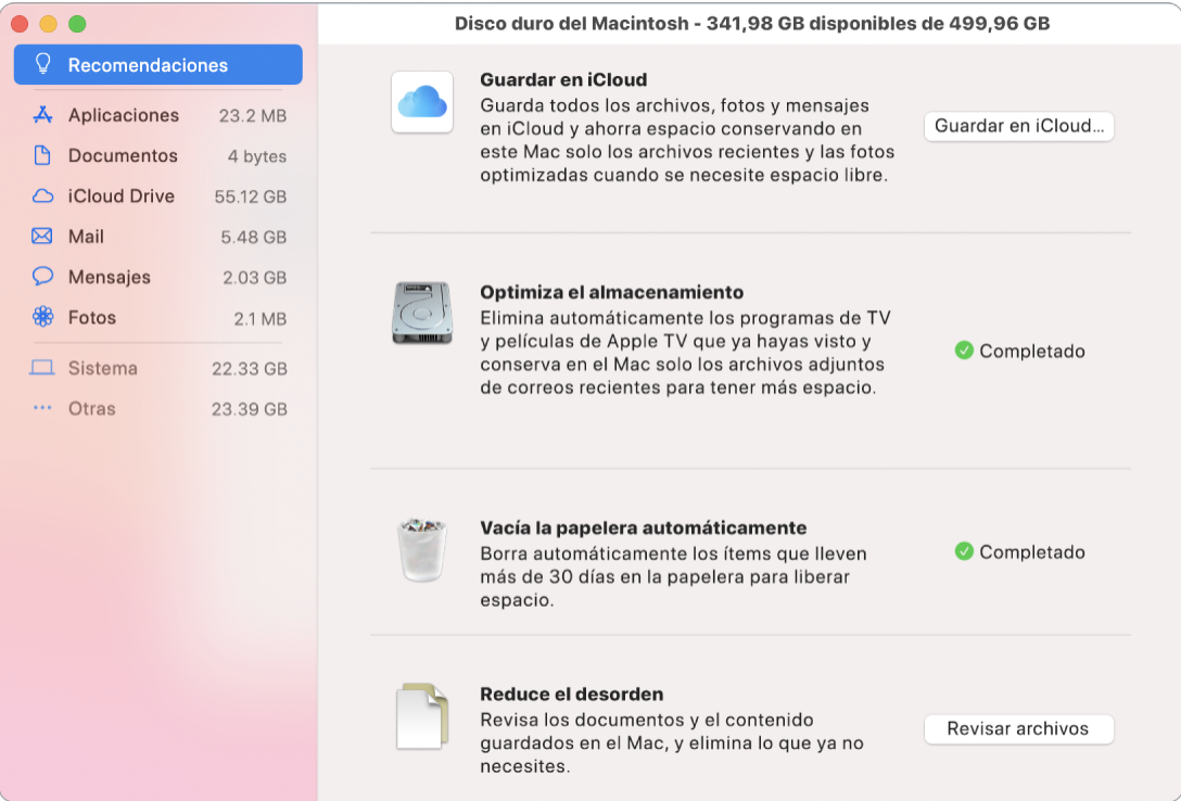 Es posible que desees utilizar Optimizar almacenamiento para eliminar vídeos de tu Mac. Haz clic en el menú Apple y navega hasta Recomendaciones, y haz clic en Optimizar en la sección Optimizar almacenamiento.