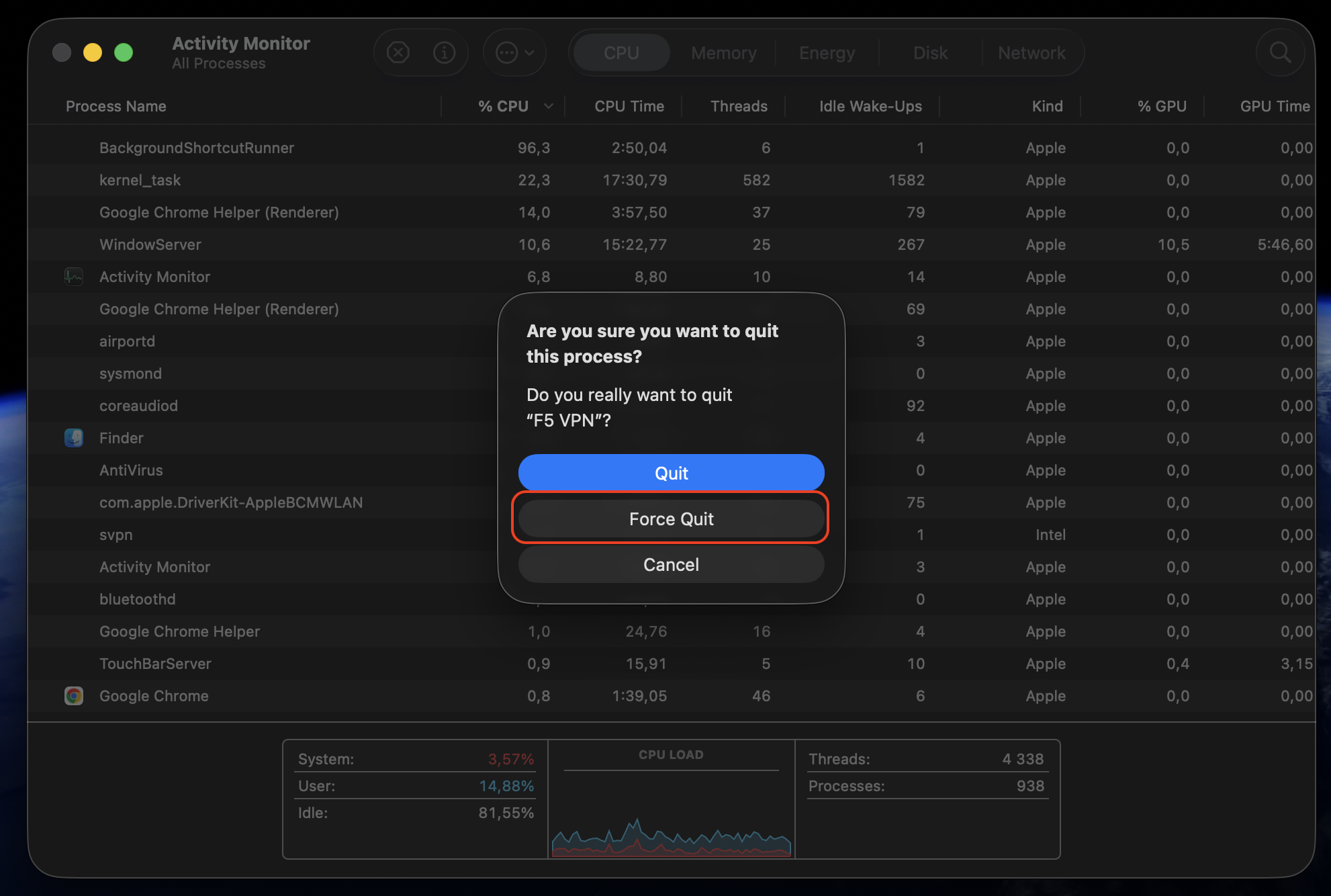 Click Force Quit in the Activity Monitor confirmation dialog on your Apple computer to close the F5 VPN process.
