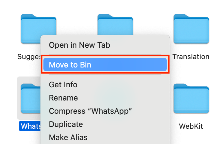 To remove WhatsApp leftover files from your Mac, select and right-click on them, then choose Move to Trash from the dropdown menu.