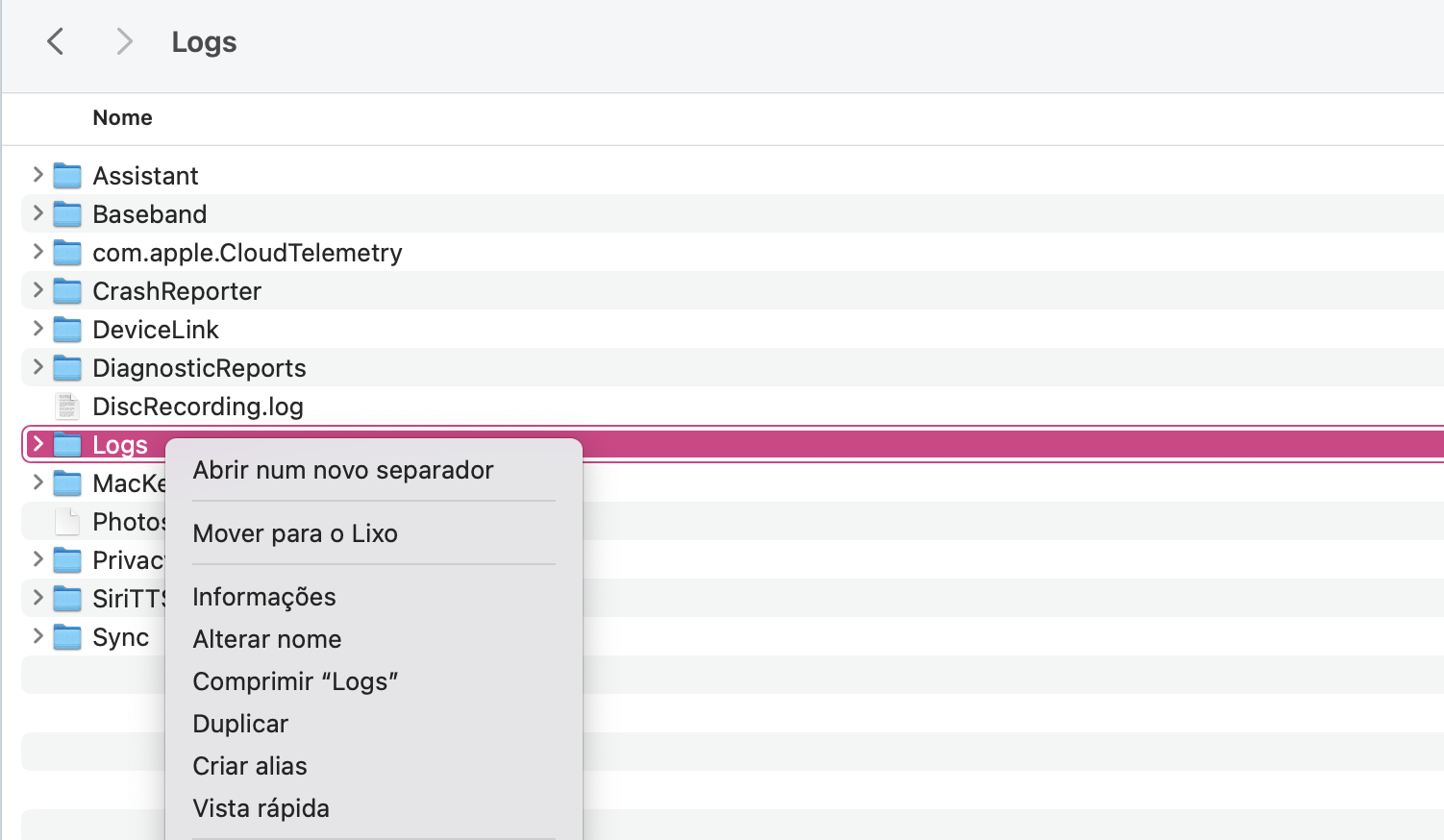 Quando estiver na pasta Logs do seu Mac, procure pastas que possa apagar em segurança. Envie-as para o Lixo e, no fim, esvazie-o.