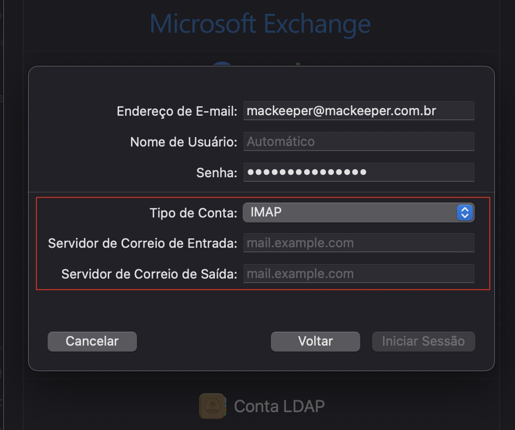 Por fim, para concluir o processo de adicionar uma nova conta de Mail no Mac, insira os detalhes dos servidores de Entrada e Saída e clique em Iniciar Sessão.