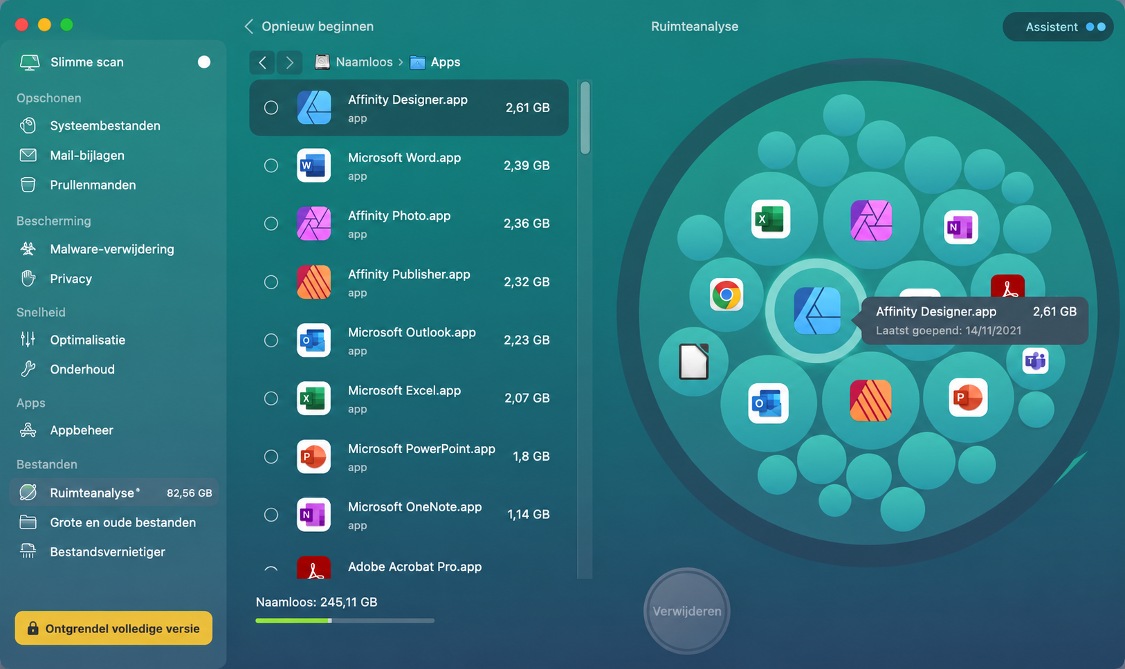 Hetzelfde kan ook binnen de CleanMyMac X app worden gedaan. Hiervoor heb je echter geen aparte functie nodig. Ga in plaats daarvan naar de sectie Space Lens in de zijbalk en controleer de app waarvan je denkt dat die veel cachebestanden op je Mac achterlaat.
