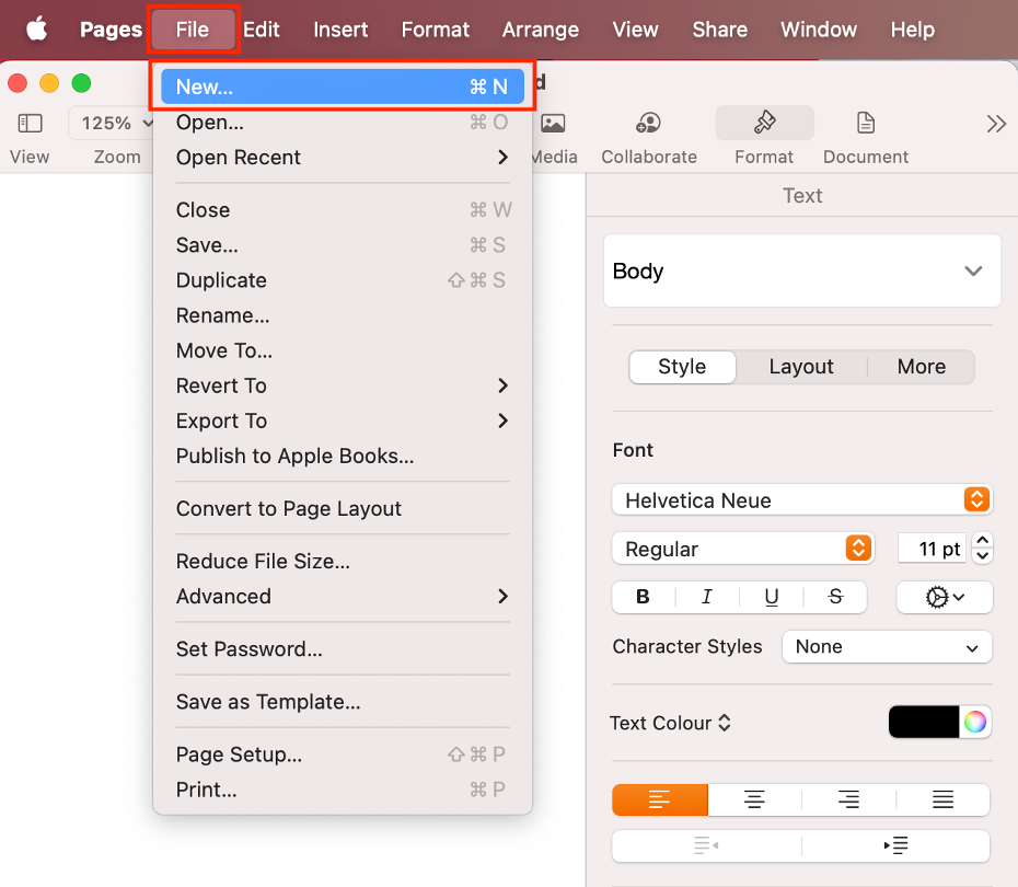 To create a new document when Pages is already open on your Mac, select File in the menu bar, then choose New.