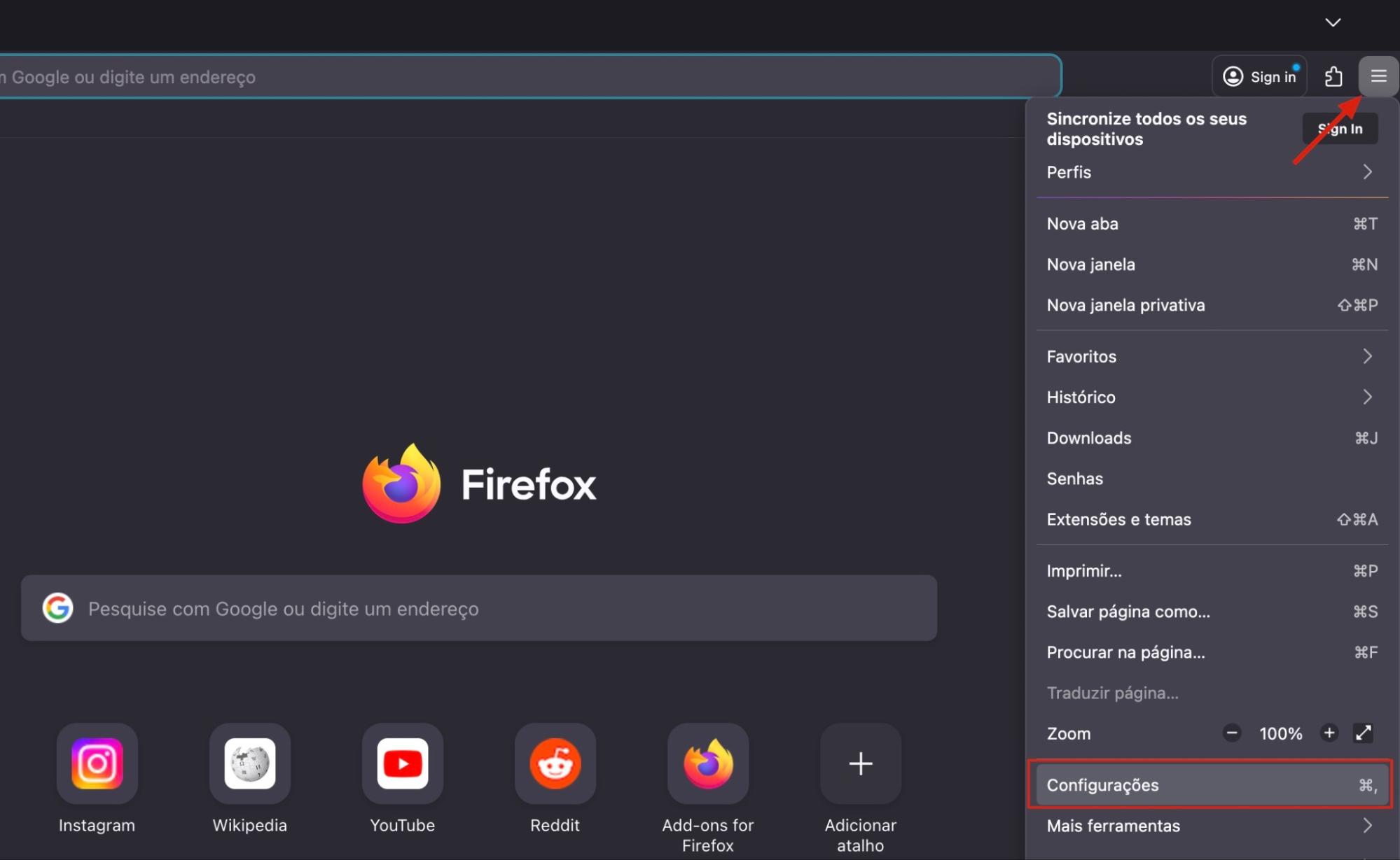 O Firefox no Mac mostra o menu de opções. Clique em Configurações para acessar mais preferências.