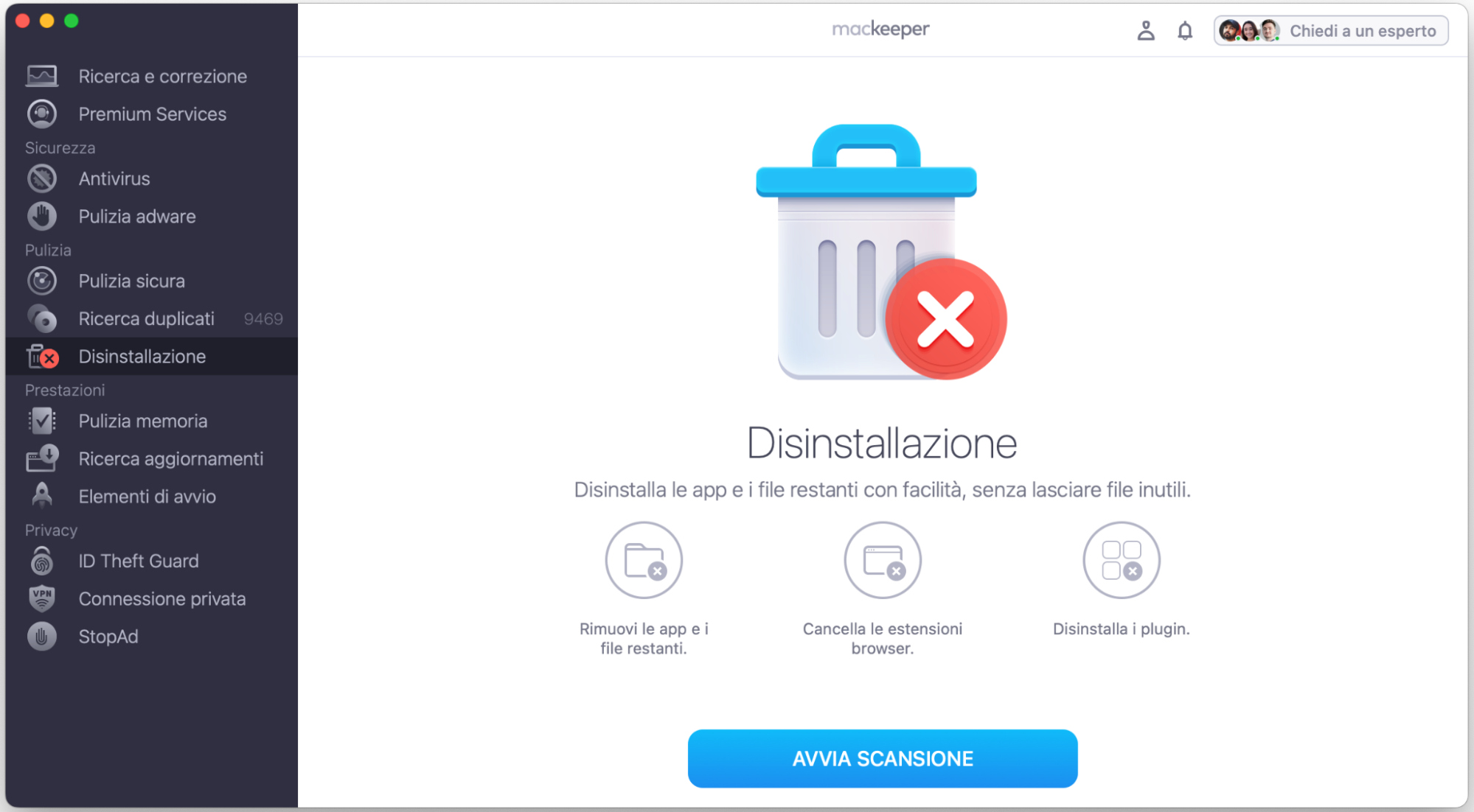 Per rimuovere completamente un'app dal tuo Mac, avvia MacKeeper e seleziona Disinstallazione, poi clicca Avvia Scansione.