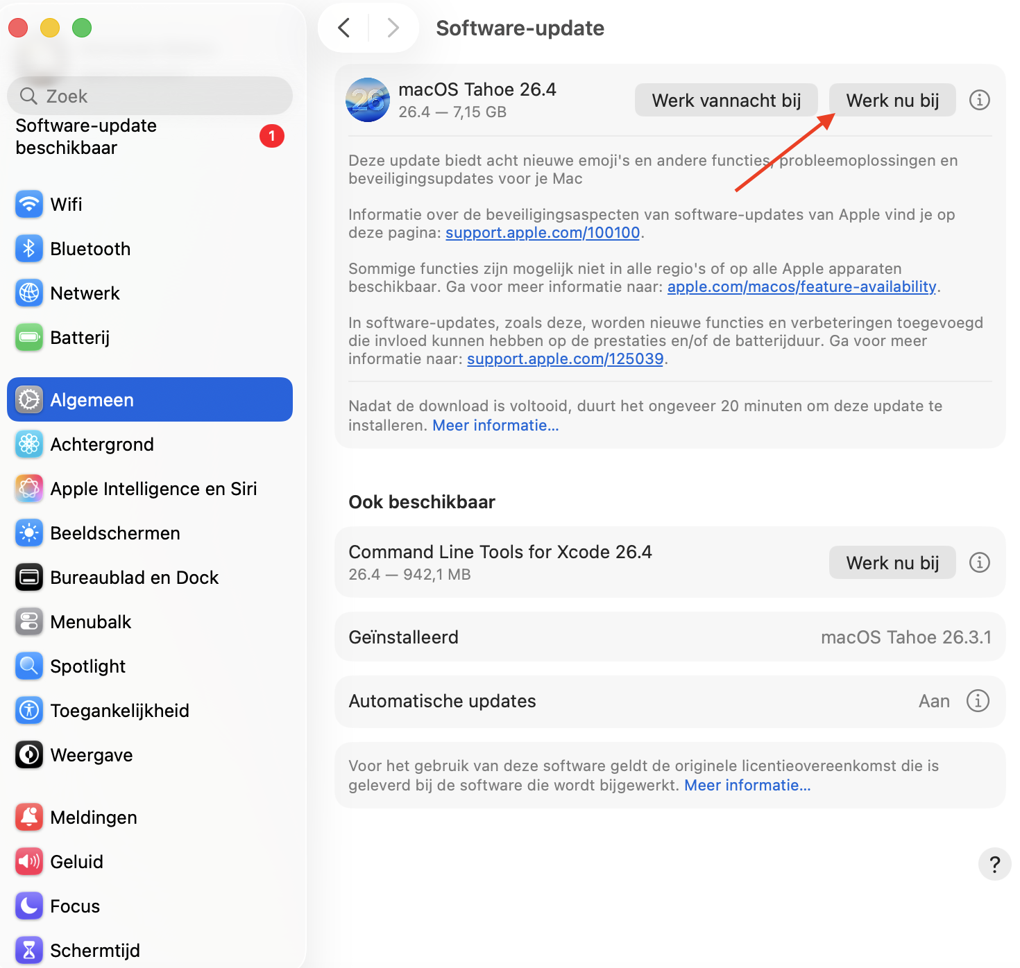 Het menu ‘Software-update’ op de Mac toont beschikbare updates. Klik op ‘Werk nu bij’ of ‘Herstart nu’ om je Mac bij te werken.