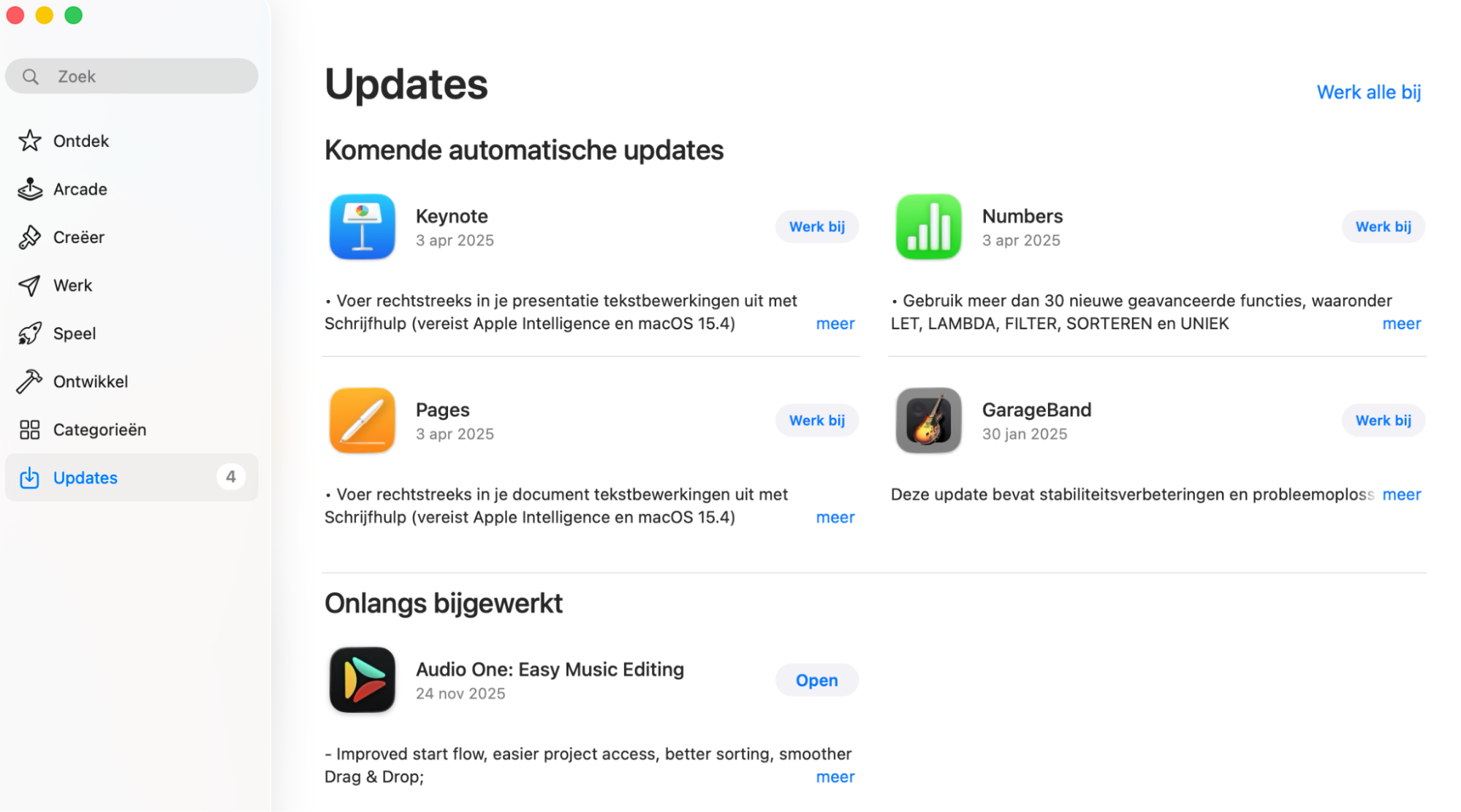 Zodra je in de App Store het tabblad Updates hebt geselecteerd, zie je een knop Werk alles bij. Hiermee kun je alle updates voor je geïnstalleerde apps in één keer uitvoeren.