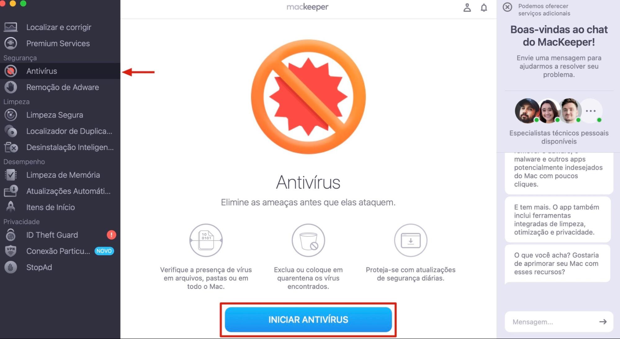 A ferramenta Antivírus no MacKeeper para Mac. Clique em Iniciar Antivírus para remover todos os vestígios de malware do seu computador.