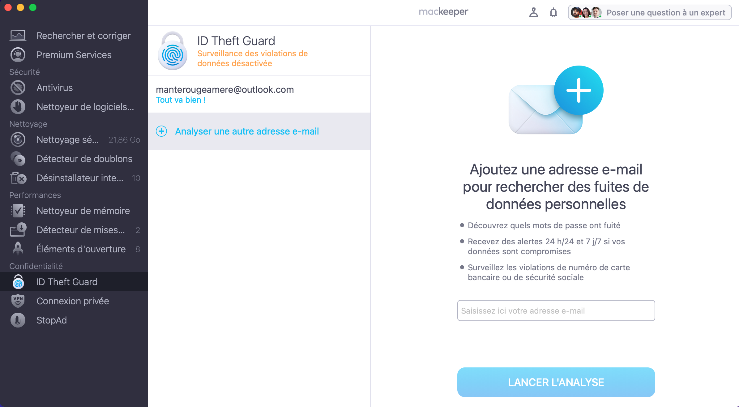 Saisissez votre adresse email dans la case correspondante et cliquez sur le bouton Lancer l'analyse.