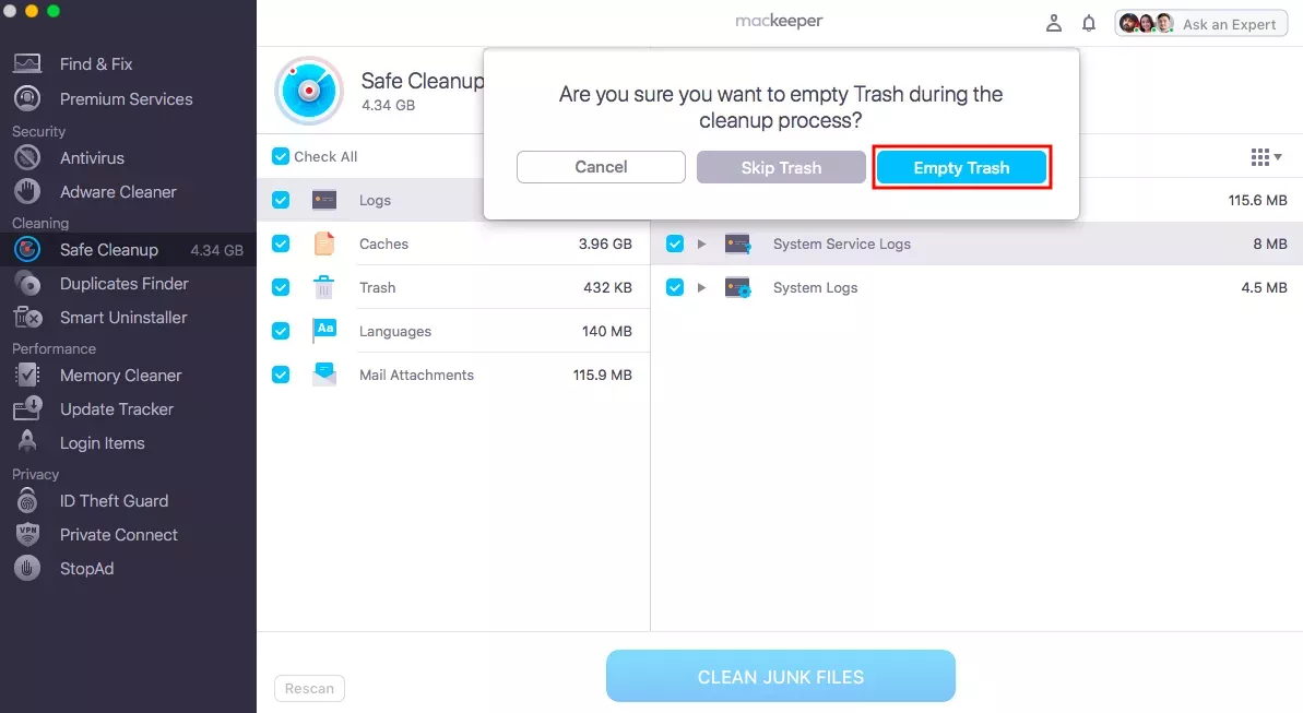 An interstitial window emerges, advising to empty the trash to complete the process to clear WhatsApp cache on Mac, removing any and all unnecessary data.