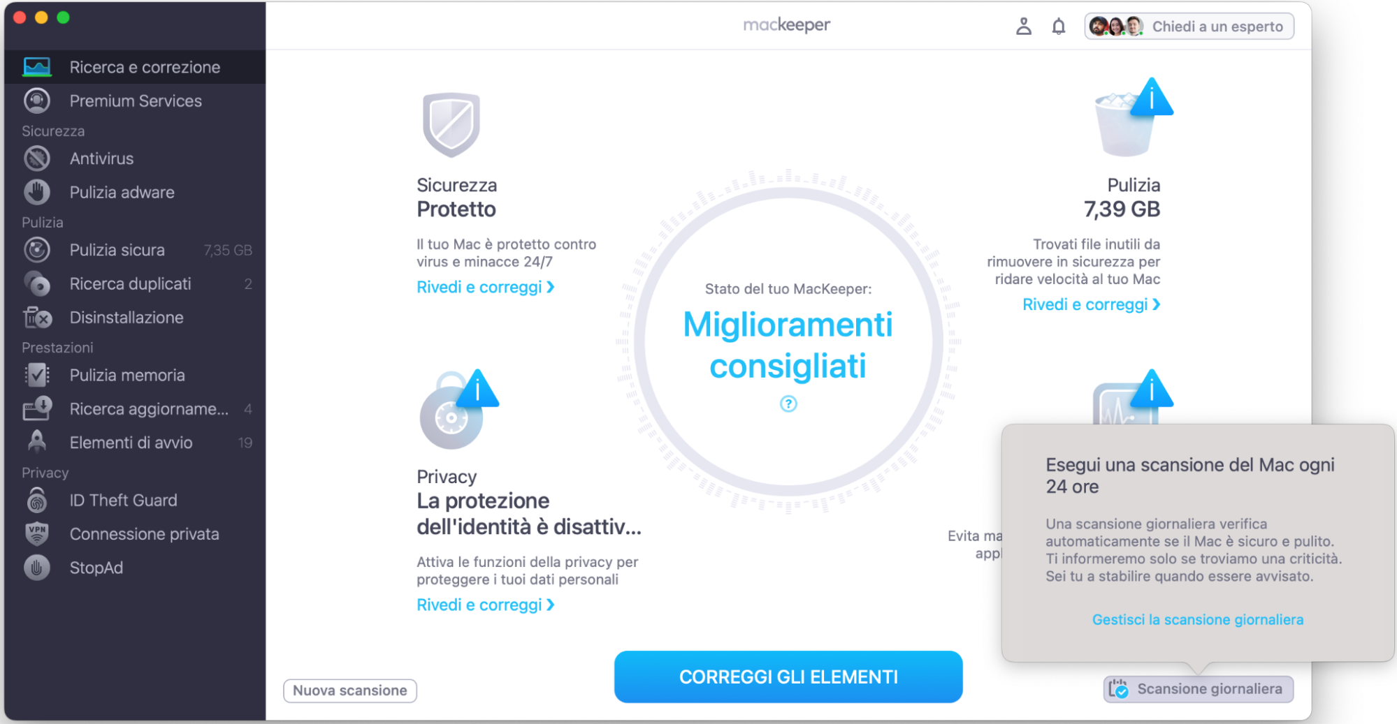 Clicca sul pulsante Scansione giornaliera in basso a destra per analizzare il tuo Mac ogni 24 ore.