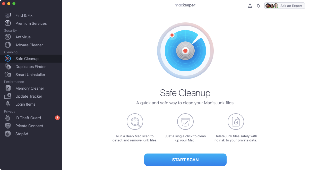 MacKeeper's Safe Cleanup tool can root out and delete junk data in a matter of seconds. Select the tool from the side menu, and click 'Start Scan'.