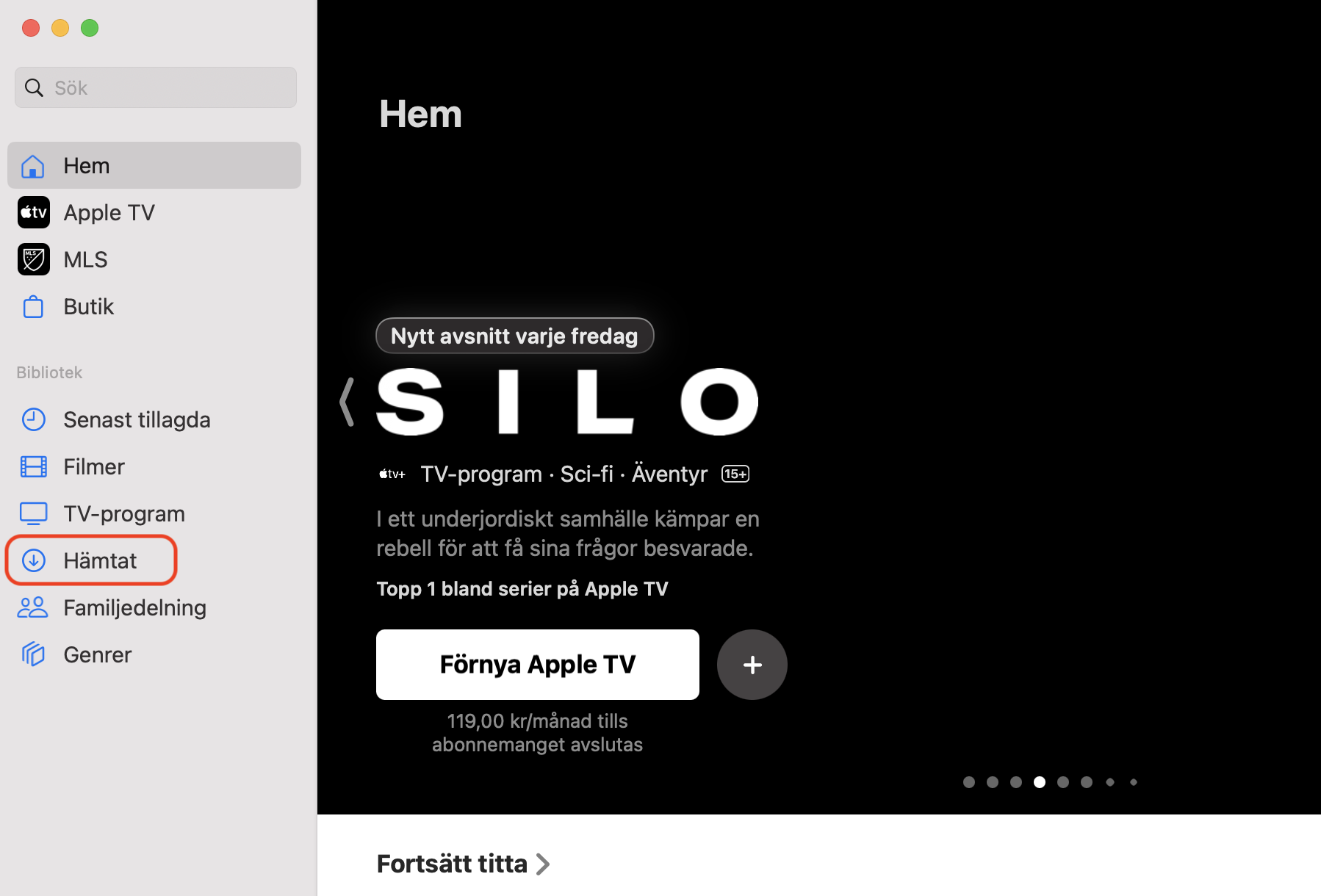 Öppna appen Apple TV och välj Hämtat i kategorin Bibliotek för att se listan över sparade filmer.