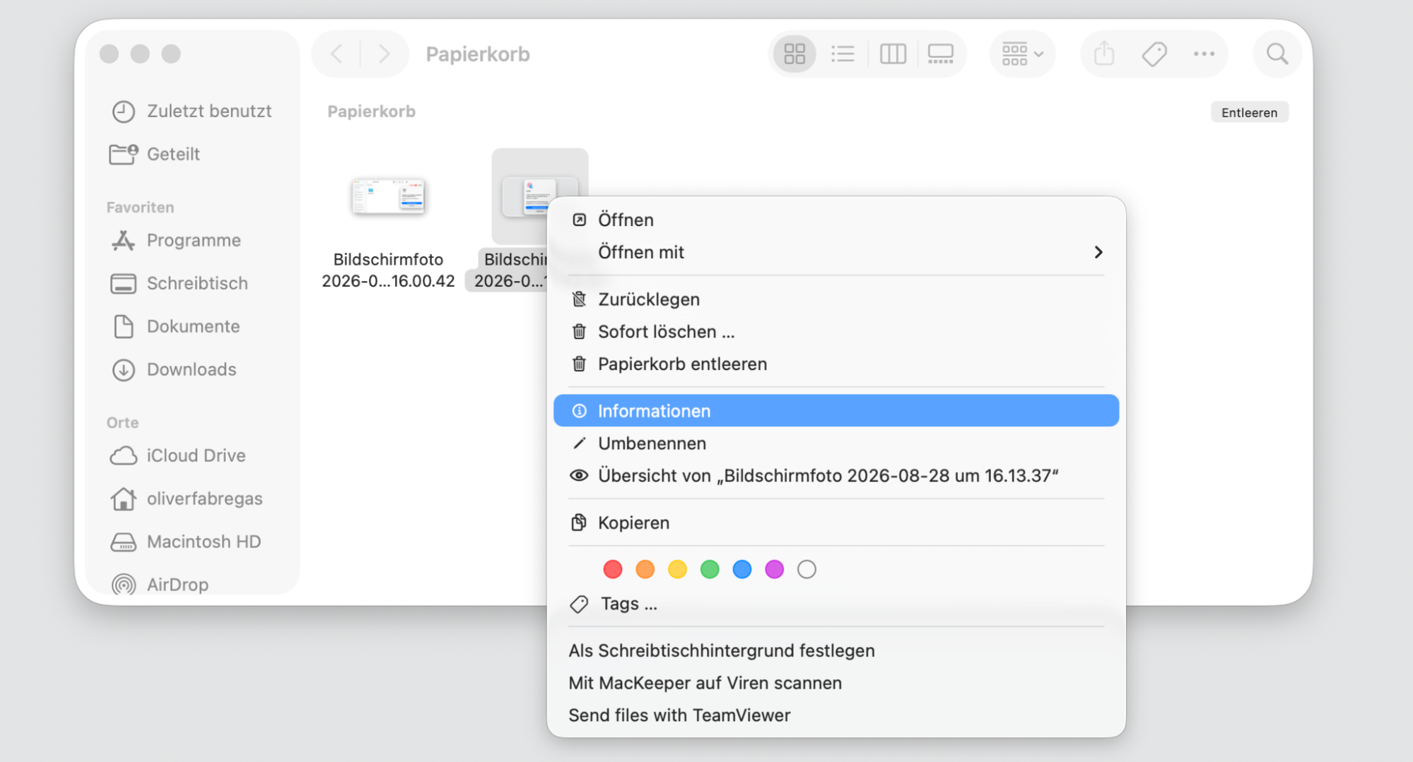 Wenn sich der Mac-Papierkorb weiterhin nicht leeren lässt, können Sie im nächsten Schritt versuchen, Dateien zu entsperren, die sich nicht löschen lassen. Öffnen Sie dazu den Papierkorb, klicken Sie mit der rechten Maustaste auf die betreffende Datei und wählen Sie Informationen.
