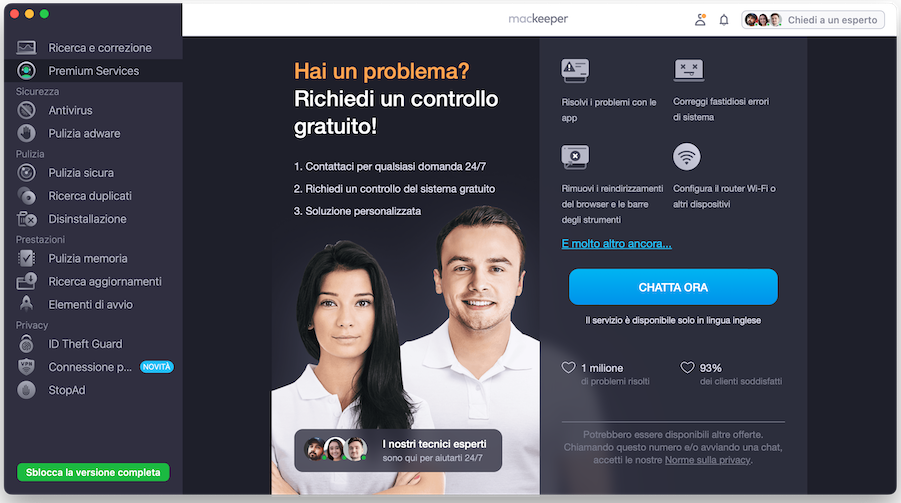 Ora puoi cliccare sul pulsante Chatta ora, che aprirà un menu per chattare con uno dei nostri 150 esperti tecnici, pronti ad aiutarti a risolvere problemi di rallentamenti o blocchi del Mac.