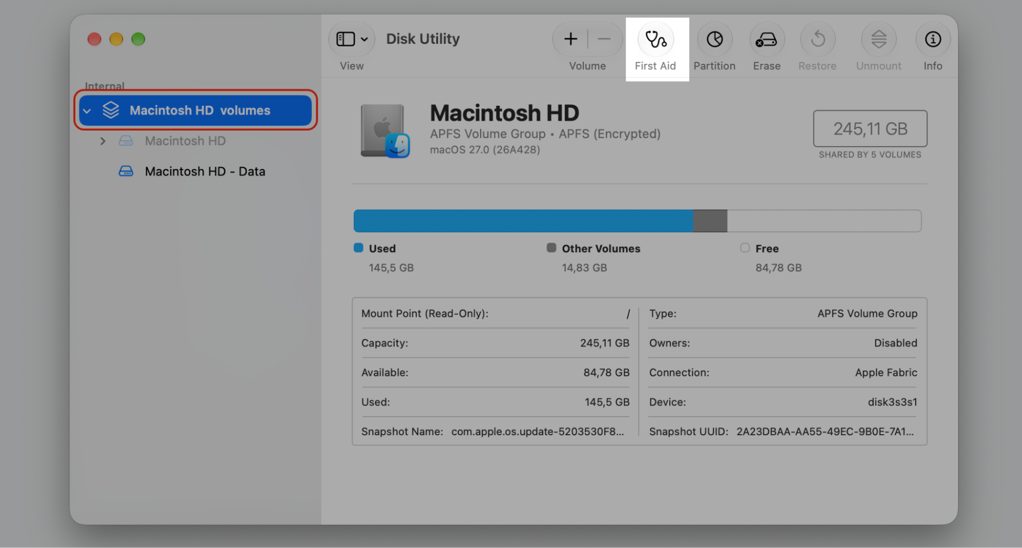 Disk Utility on macOS with Macintosh HD selected in the sidebar, ready to run First Aid when Mac apps will not open at all.