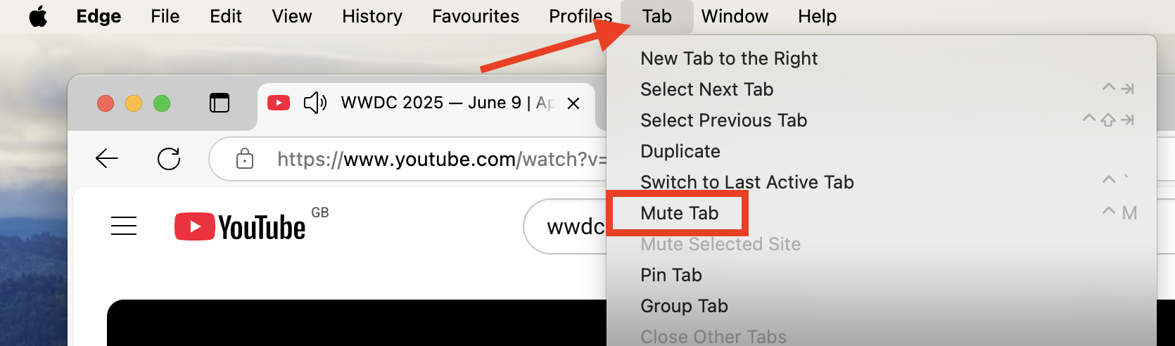 The Tab menu in Microsoft Edge on Mac. Select a tab you want to mute, then go to Tab > Mute Tab to silence it on Mac.