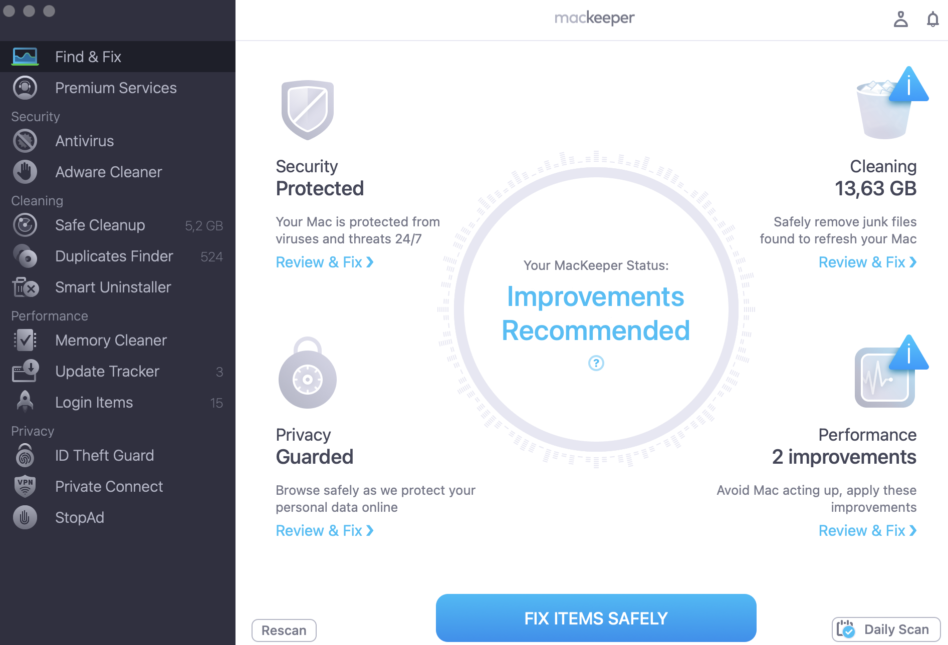 MacKeeper's Find & Fix finished scanning. Check the recommended improvement and click Fix items safely.