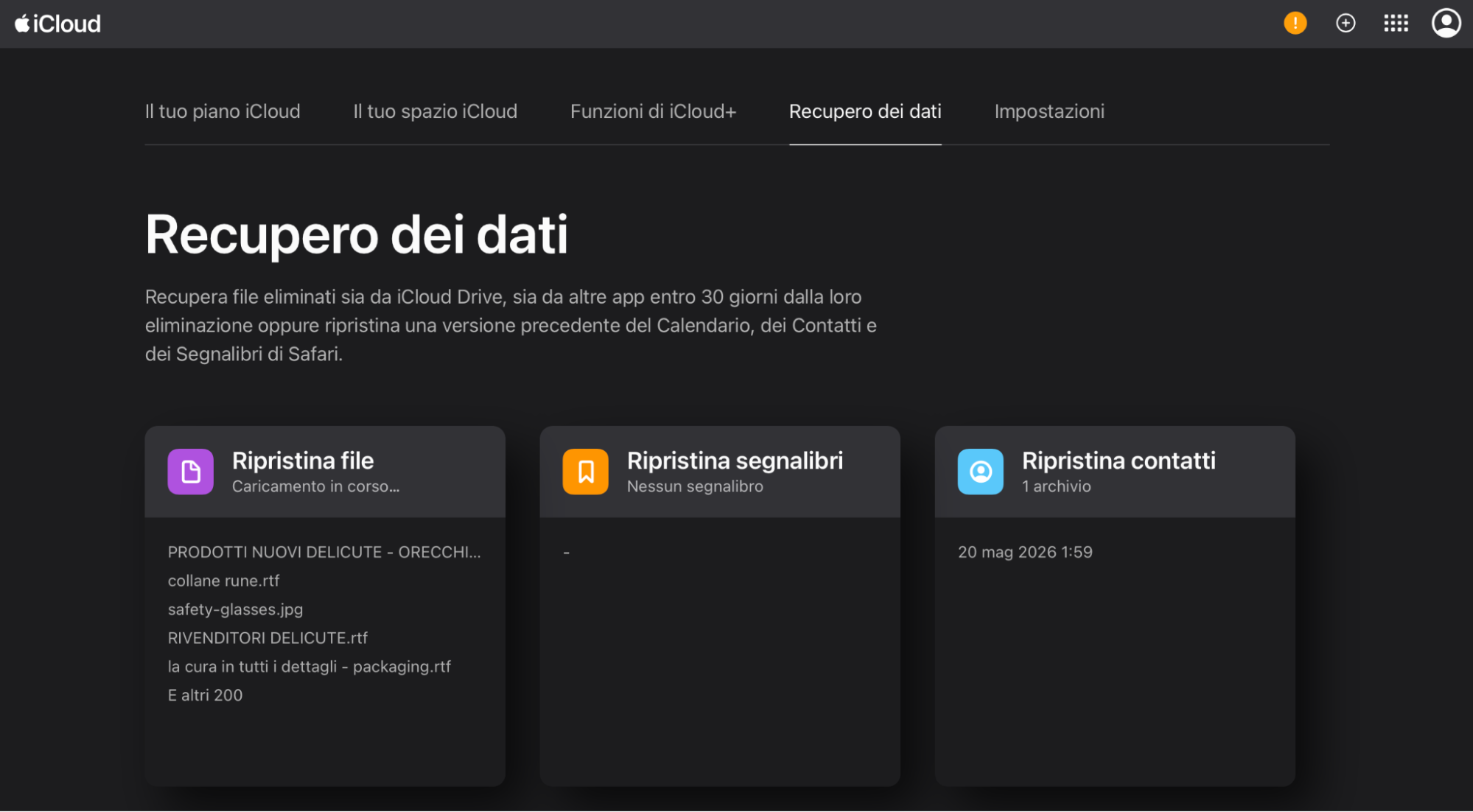 Puoi anche recuperare le icone mancanti del desktop del Mac tramite iCloud Drive su icloud.com. Accedi al tuo account e clicca sulla scheda Recupero dei dati. Seleziona l'opzione Ripristina file e segui le istruzioni per completare il processo.